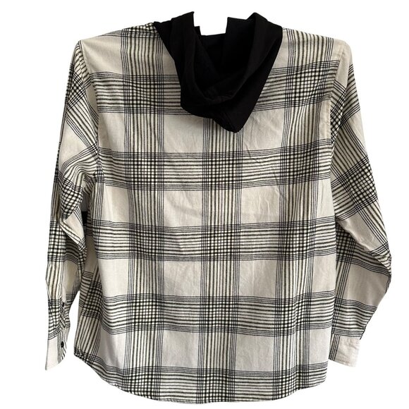 No Boundaries Oversized Men's Large Black Cream Plaid Hooded Flannel Shacket NWT - Picture 3 of 10